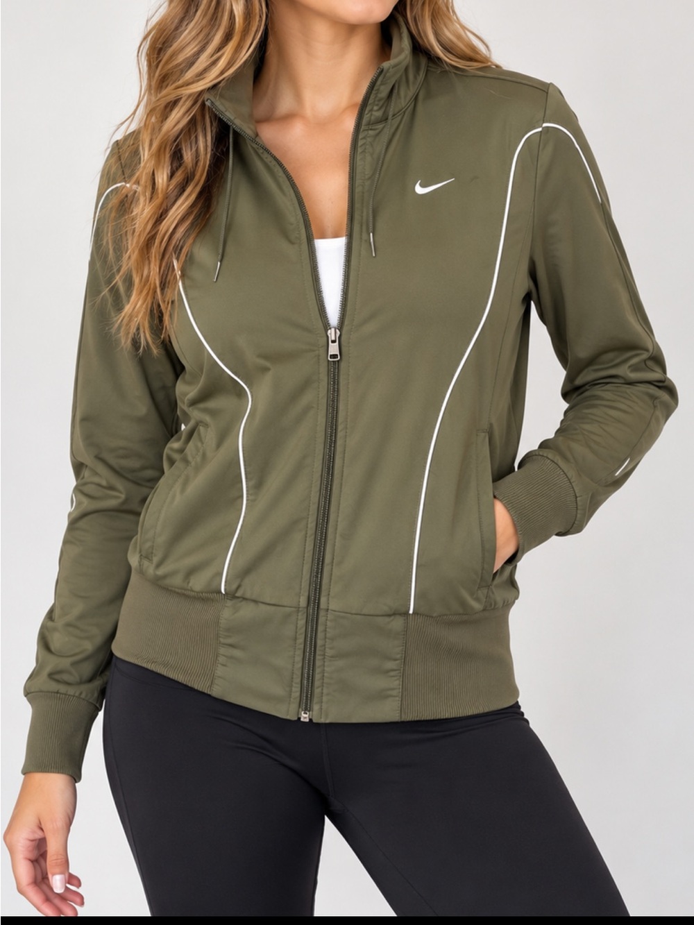 Nike Women's Olive Green Bomber Jacket with White Piping